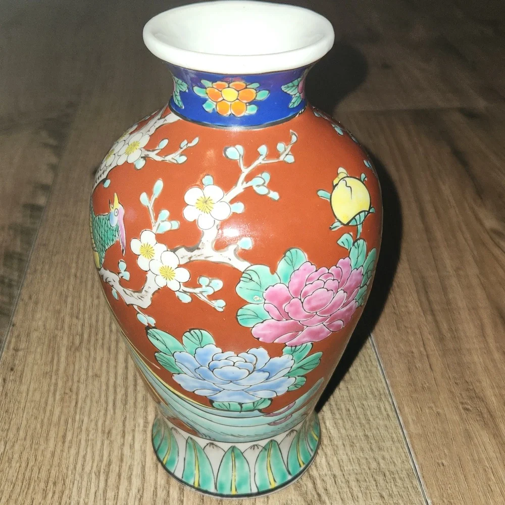 Colorful Hand Painted Porcelain Vase with Birds of Paradise and Floral Design
